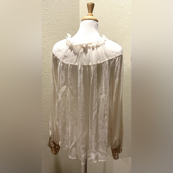 Free People Ivory Dream Sheer Split Neck Chiffon Sequin Cuff Boho Blouse Shirt S - Picture 6 of 8
